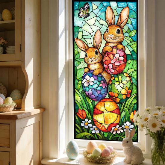Yousheng Easter Window Clings Stained Glass Bunny UV Resistant Window Privacy Film Removable Static Decals for Living Room Bedroom Bathroom