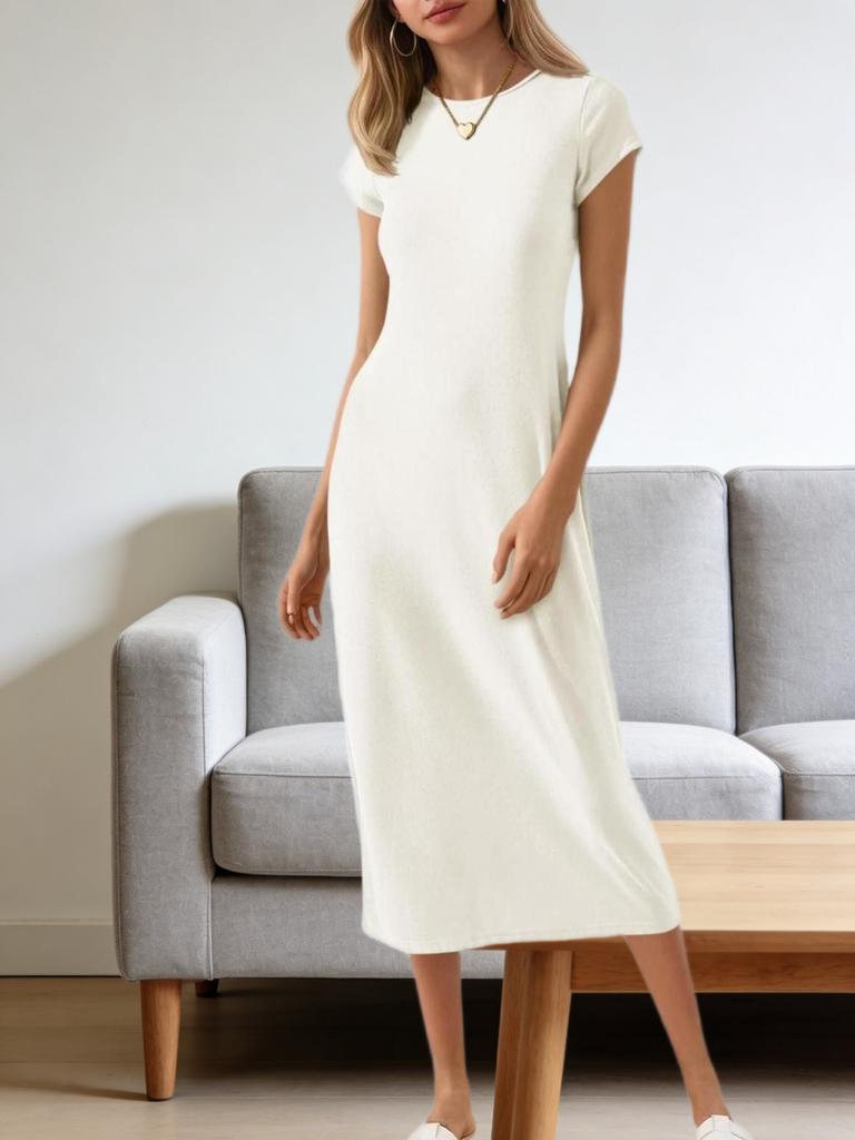 Damen Unifarbenes T-Shirt-Kleid Kurzarm Rundhalsausschnitt Locker Midi Sommerkleid