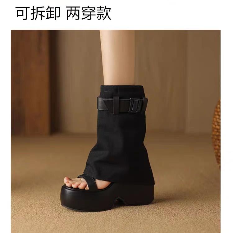 Fashion 12cm Height-increasing, Petite Thick-soled Roman Sandals, New Summer Leather Sloping High Heel Sponge Ankle Boots for Women