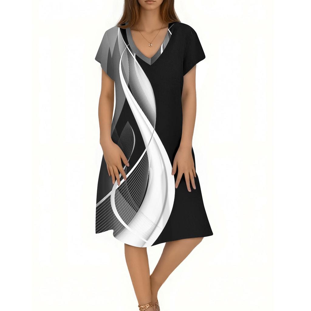 Women's Casual Fashion V-Neck Short Sleeve Floral Print Midi Flowing Dress