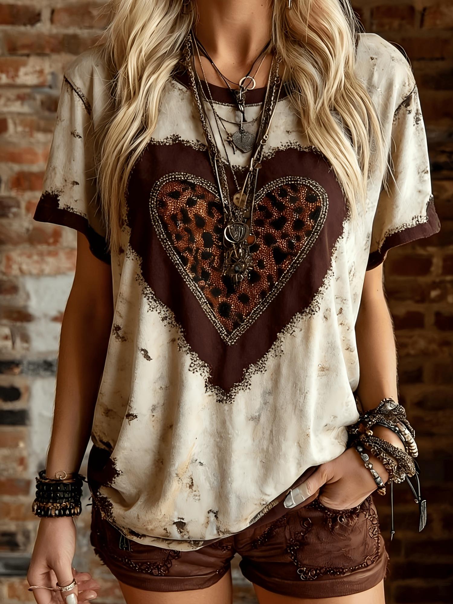 

Women s short-sleeved T-shirt with retro tie-dye leopard print and heart print, exquisite and suitable for casual dates. XXS