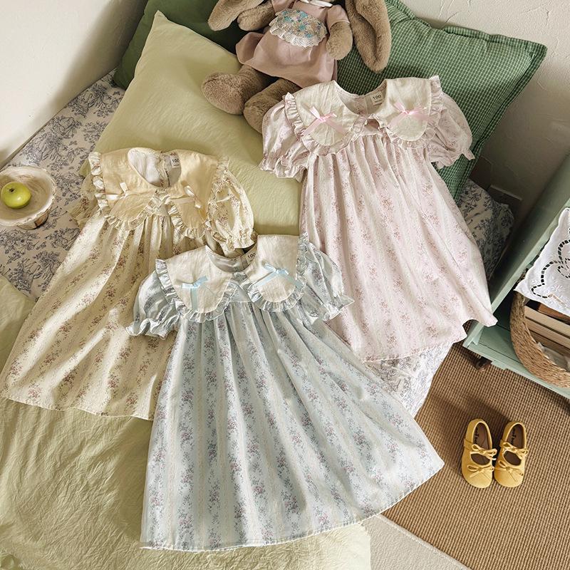 2026 Summer Doll Collar Color Block Girls' Dress – French Print Short Sleeve Princess Korean Style