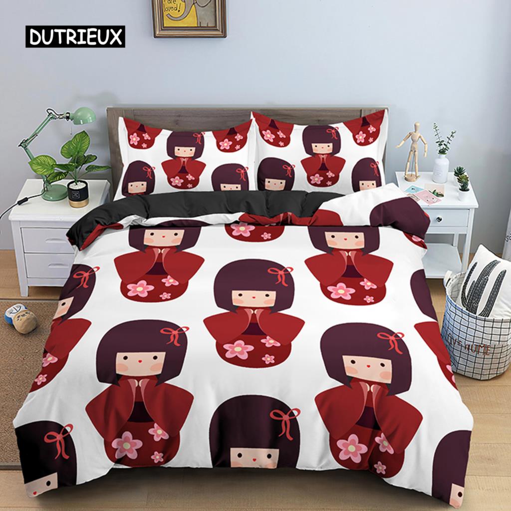 Japanese Doll Duvet Cover Set King Wearing Kimono Doll Sakura Pattern Bedding Set Microfiber Japanese Kawaii Style Quilt Cover