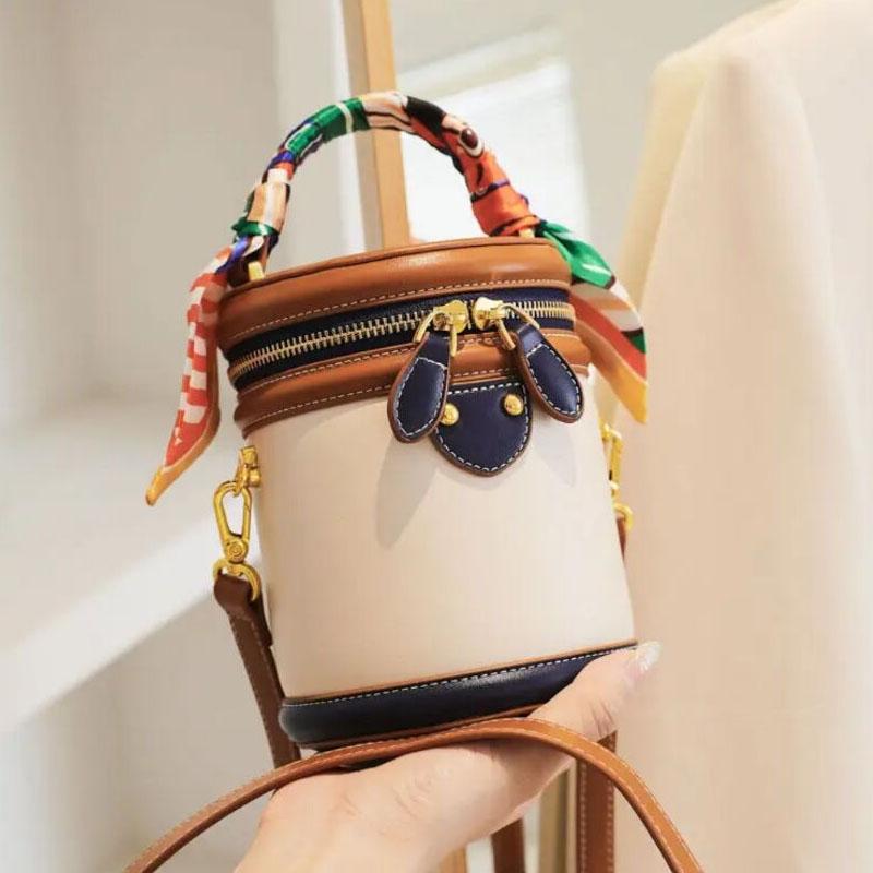 

Colorblock Shoulder Cylinder Bucket Bag Scarf Decor Small Top Handle Bag Stylish Crossbody Purse Bags For Women