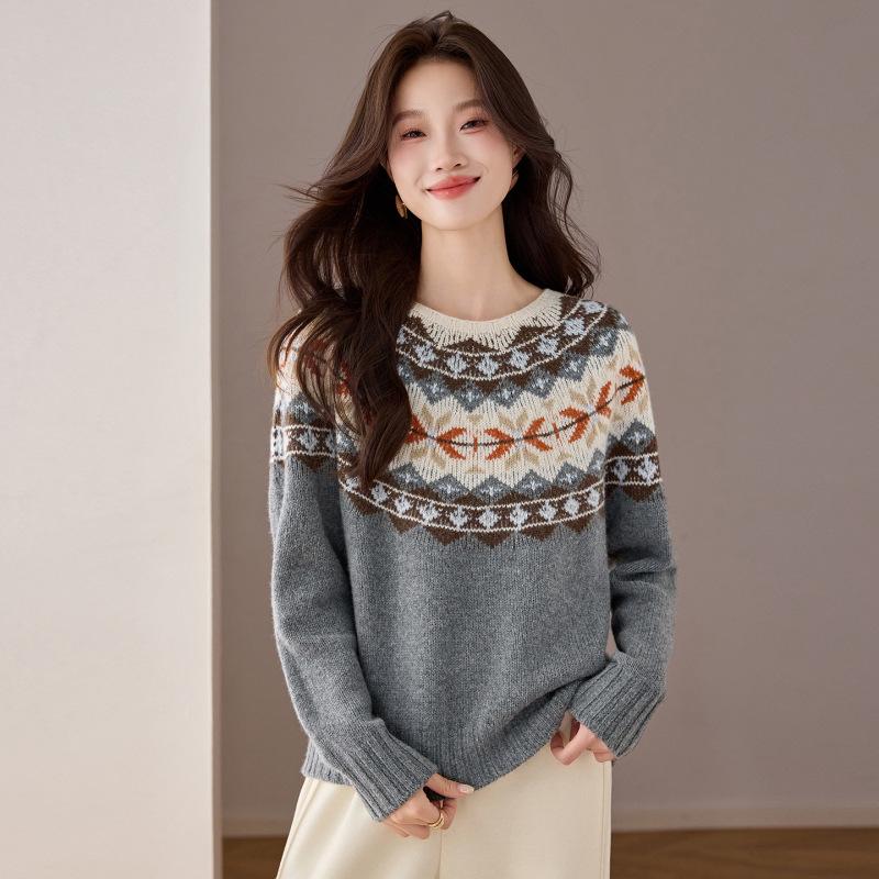 Women's Autumn/Winter Pure Wool Jacquard Knit Pullover Sweater