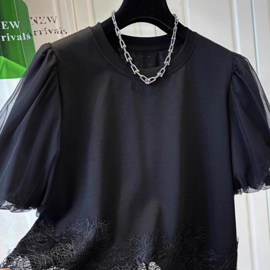 Chic Plus Size Puff Sleeve T-shirt with French Lace & Irregular Hem