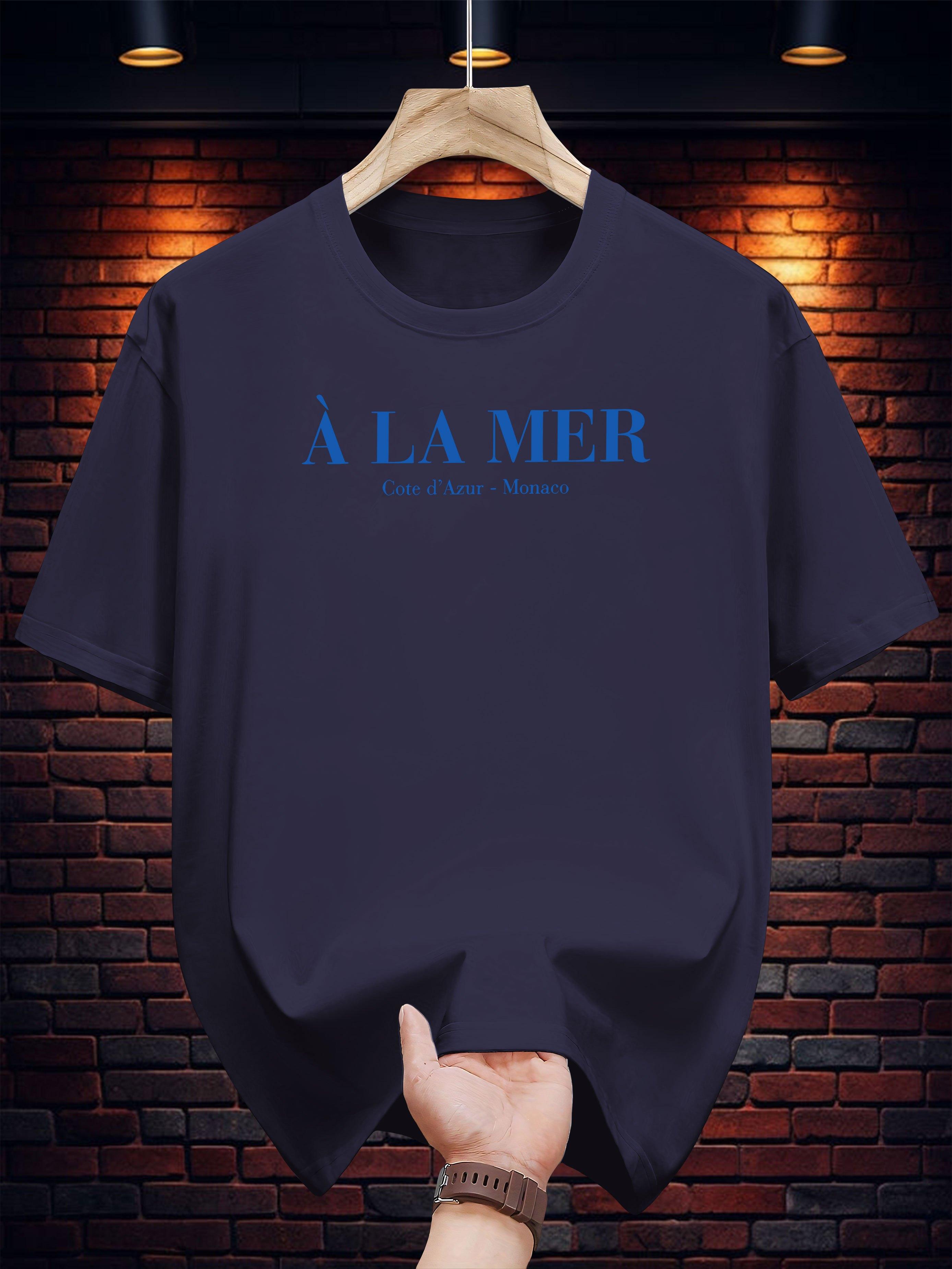 

200g 100% Cotton Short Sleeve T-shirt with À L AMER Graphic Print - White & Blue Casual Summer Tee XXL