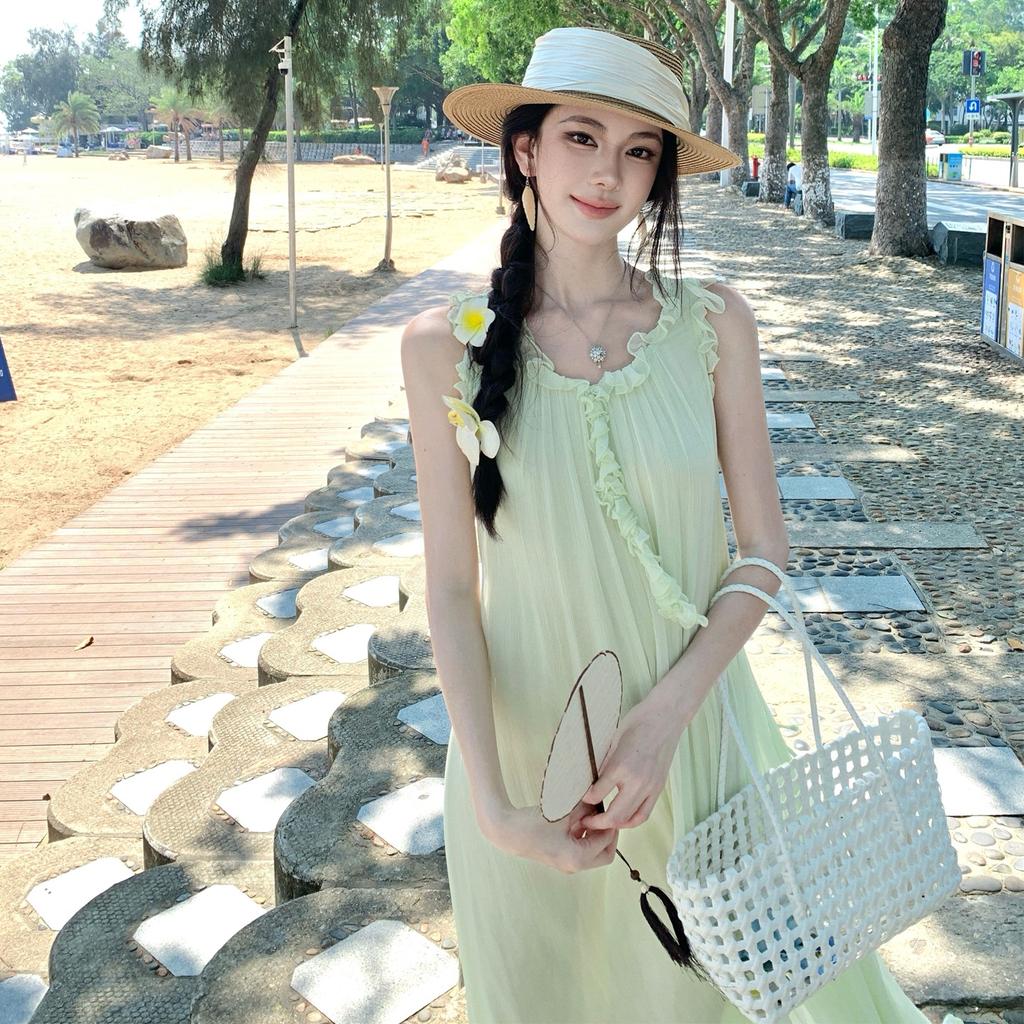 Seaside gentle temperament light green chiffon suspender dress women's summer small loose a word holiday dress