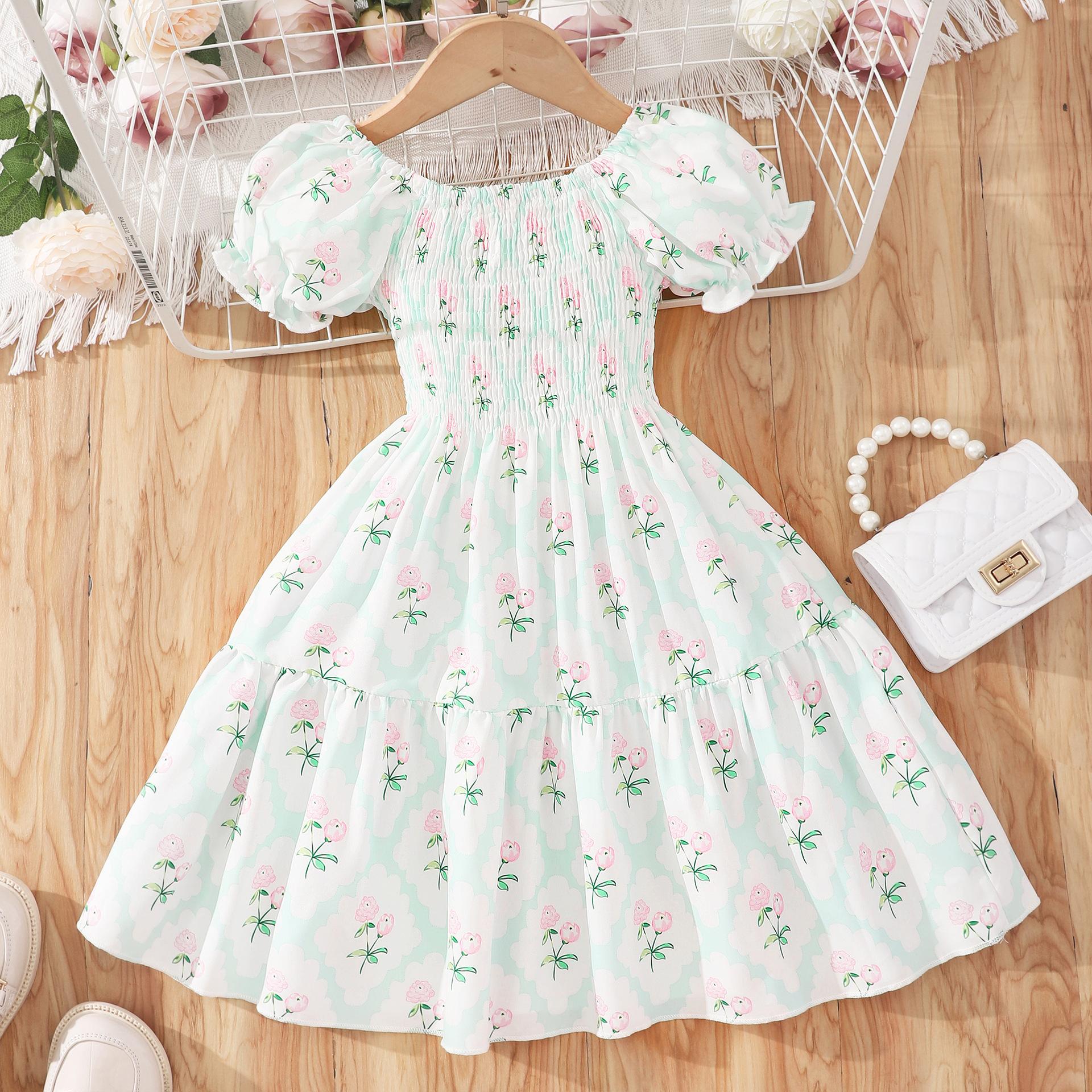 

Летнее платье для девочек с цветочным принтом и короткими рукавами 3Y