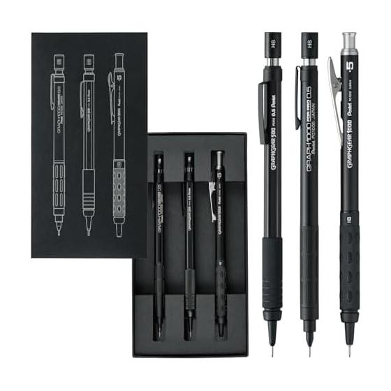 Pentel Drafting Mechanical Pencil Set of 3, 60th Anniversary Limited Edition, 0.5mm, PGANAST Black, Graph 1000 For Pro, Graph Gear 1000, Graph Gear