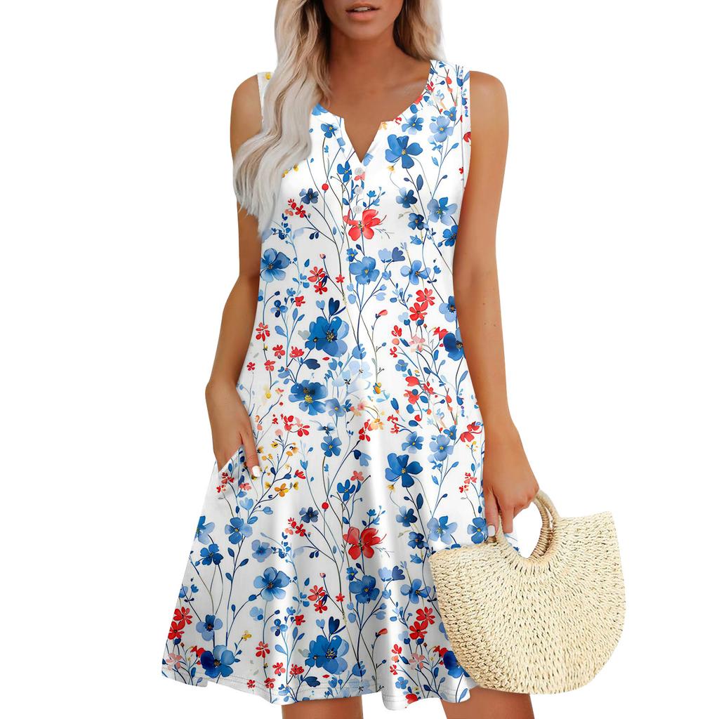 Womens Summer Dresses Loose V Neck Sleeveless Sundresses Dress With Pockets