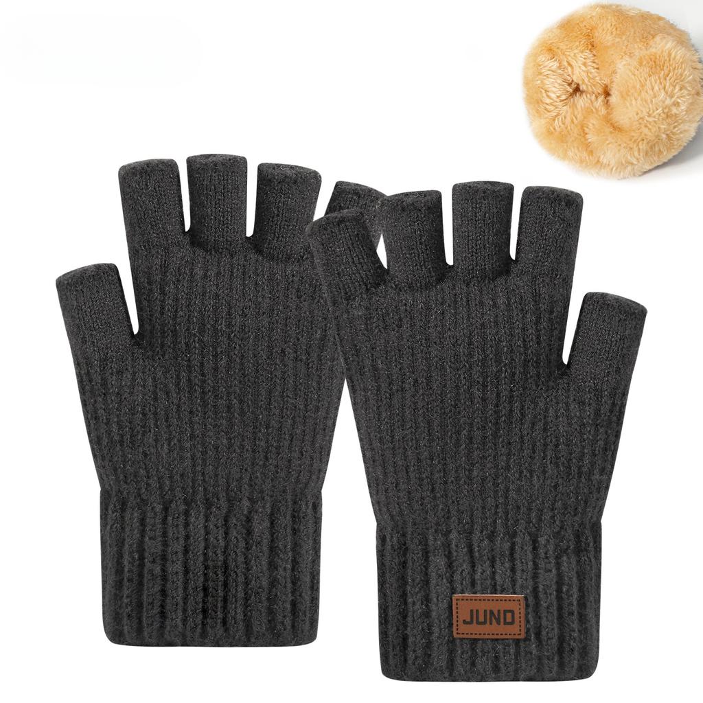 Thickened Half Finger Gloves In Autumn and Winter Plus Velvet Knitted Cold and Warm Half Part Writing Yarn Leaking Finger Gloves