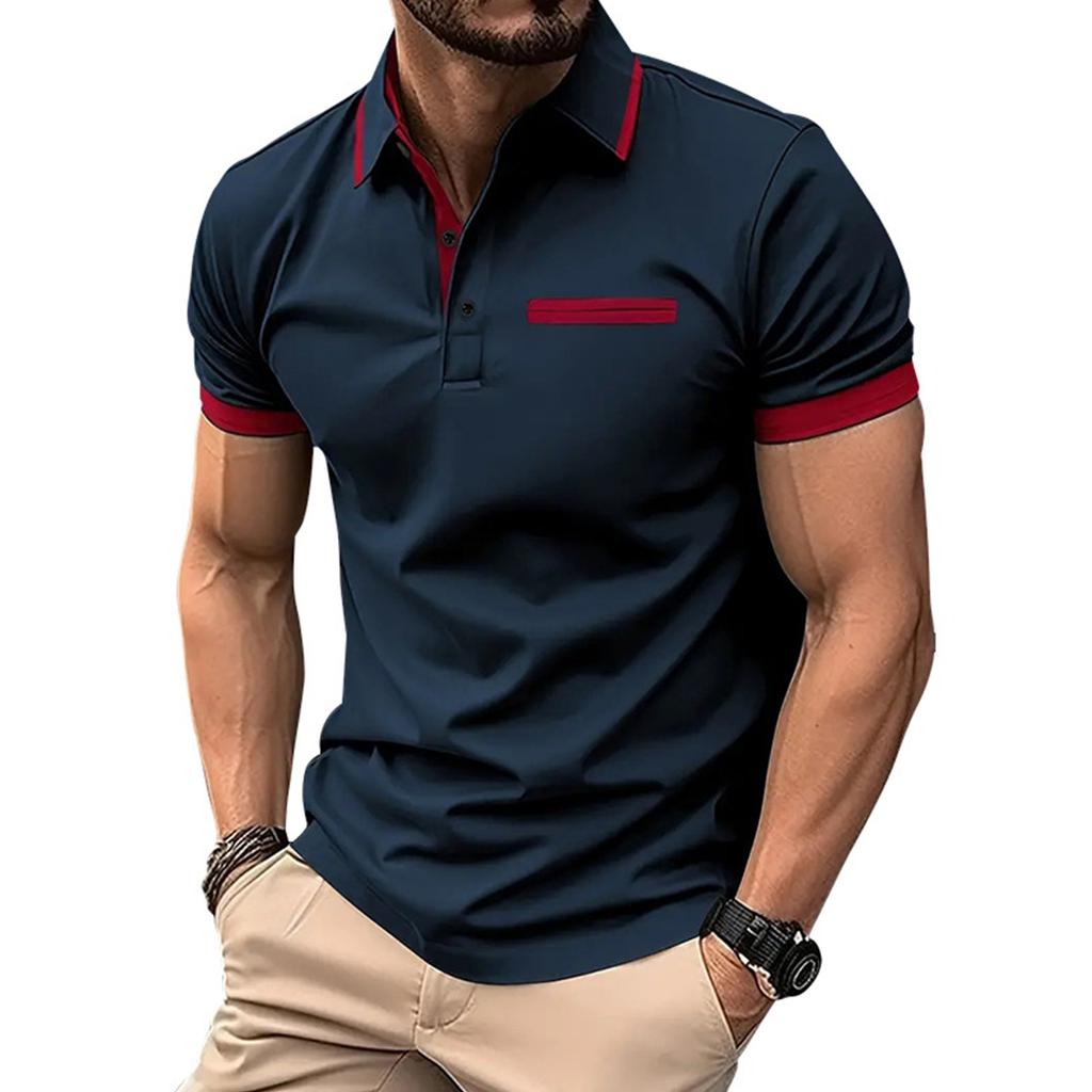 Men's Casual Shirt With Fake Chest Pocket, Lapel Buttons, Business T-shirt, Color Blocked Top For Men