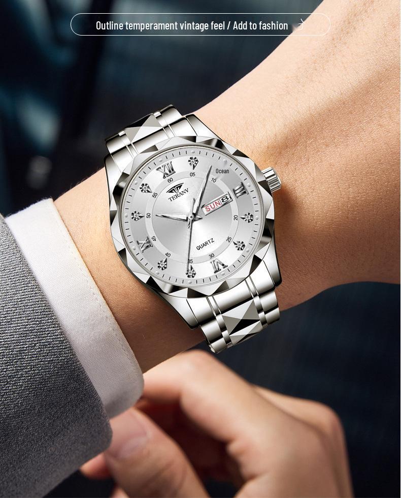 Men's Luminous Waterproof Quartz Watch with English-Chinese Calendar and Rhombus Case