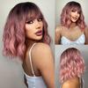 Short Wavy Honey Brown Copper Synthetic Wigs with Bangs Cosplay Bob Wig for Women Afro Daily Natural Heat Resistant Hair