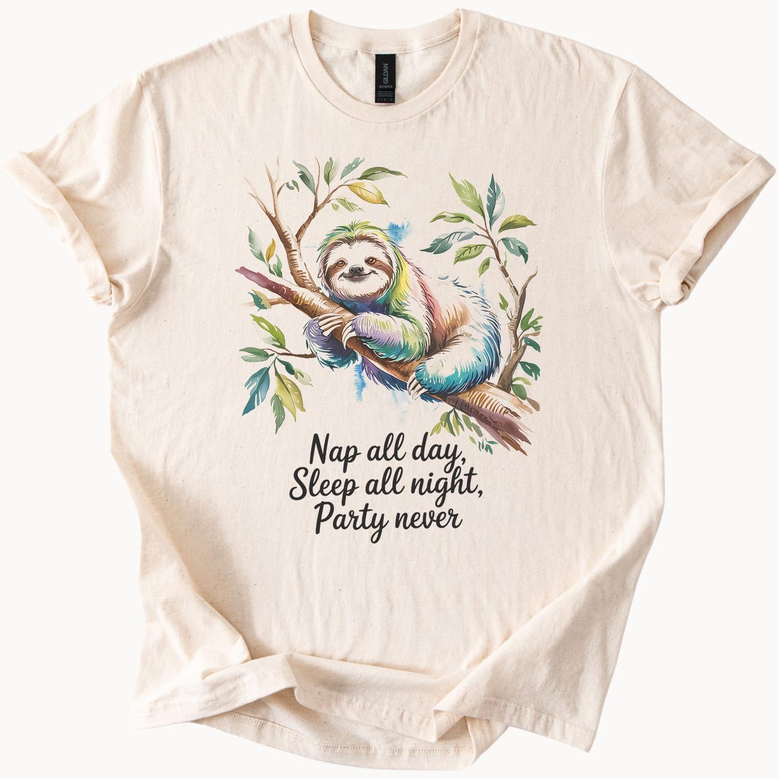 Colorful sloth sleeping on tree branch graphic tee nap all day sleep all night party never cute animal shirt comfy casual tshirt 150