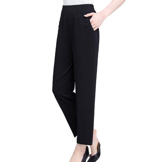 High Waist Elastic Waistband Women Pants Button Decoration Pockets Thin Office Lady Straight Wide Leg Trousers
