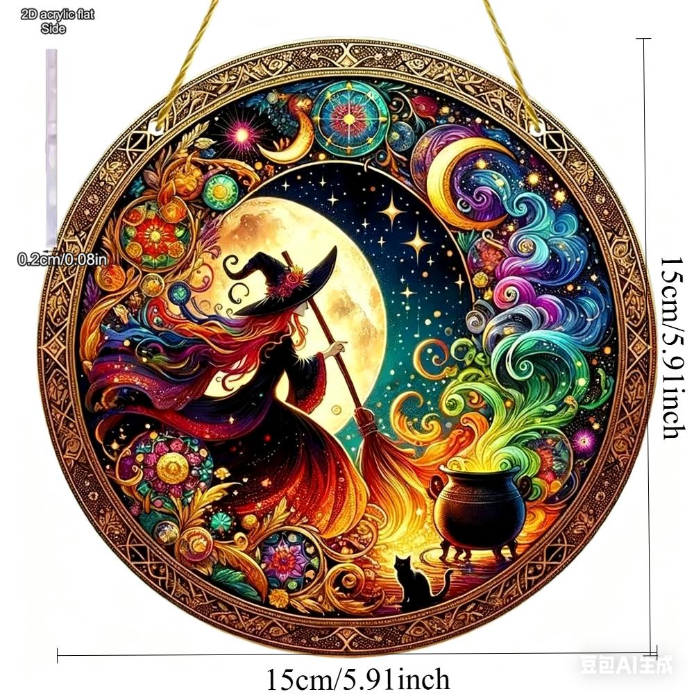 1pc Halloween Witch Stain Art Window Hanging Suncatcher Plaque Acrylic Round Wreath Decoration Indoor Outdoor Window Decora