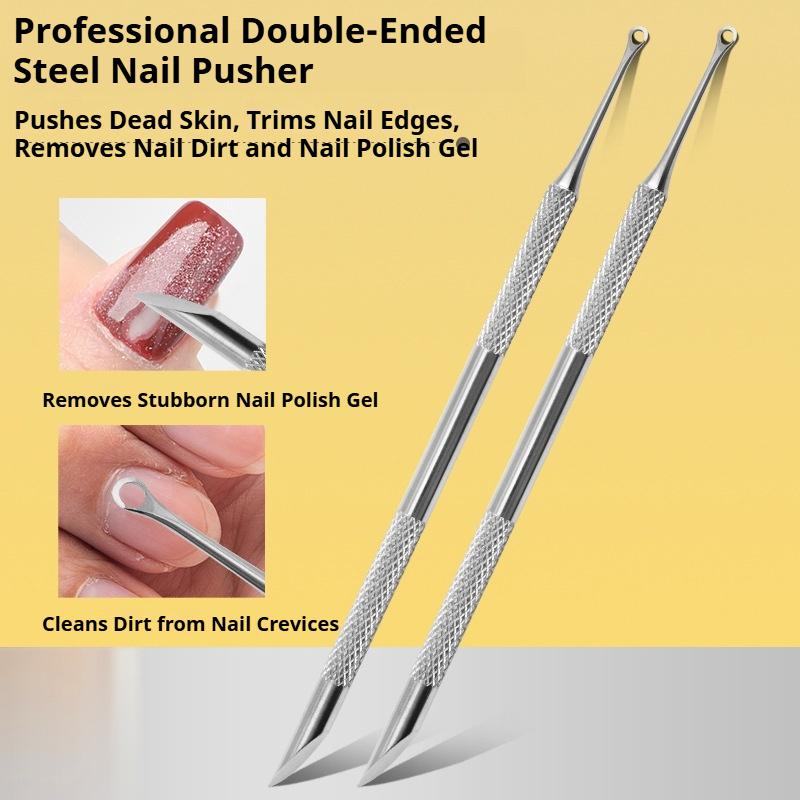 Stainless Steel Double-Headed Nail Pusher Cuticle Remover Exfoliation Prep Tool Clean Dead Skin Circle Bevel Shovel Manicure Pen