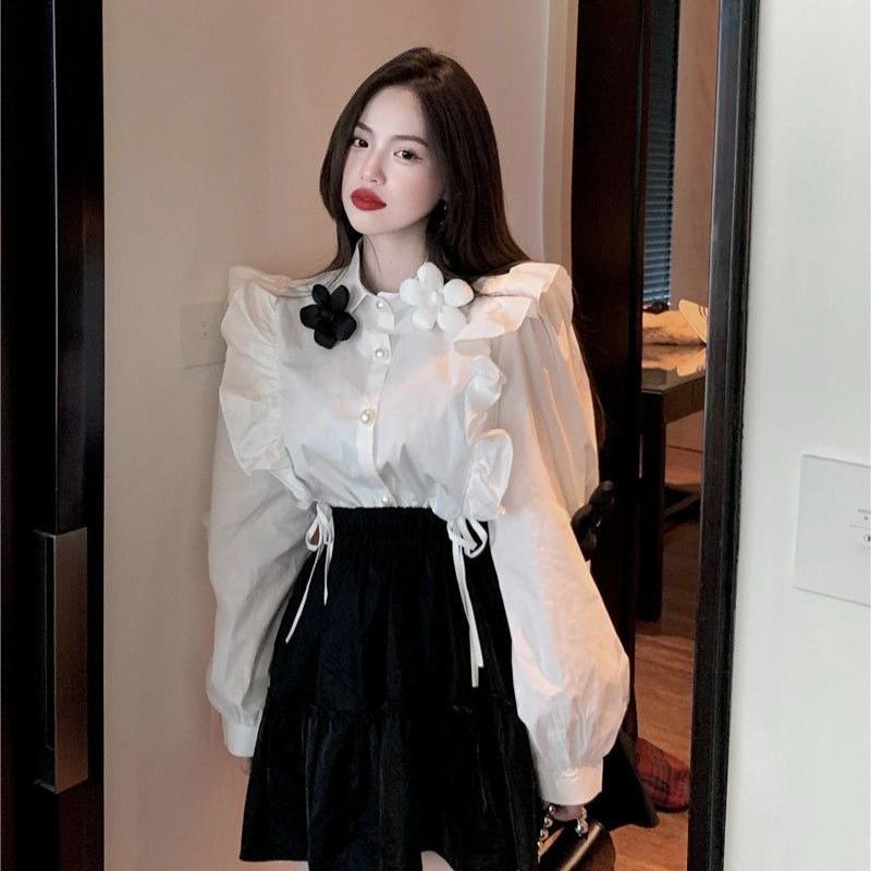 

3D Floral Women s Shirt Korean Version Loose Turndown Collar Ruffle Design Single Breasted Lady Blouse Spring Casual Daily Famale Long Sleeved Top XXL білий