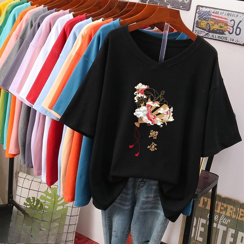 

Футболка с коротким рукавом, Свободного кроя, Приталенный топ с V-образным вырезом с принтом для женщин XL чёрный