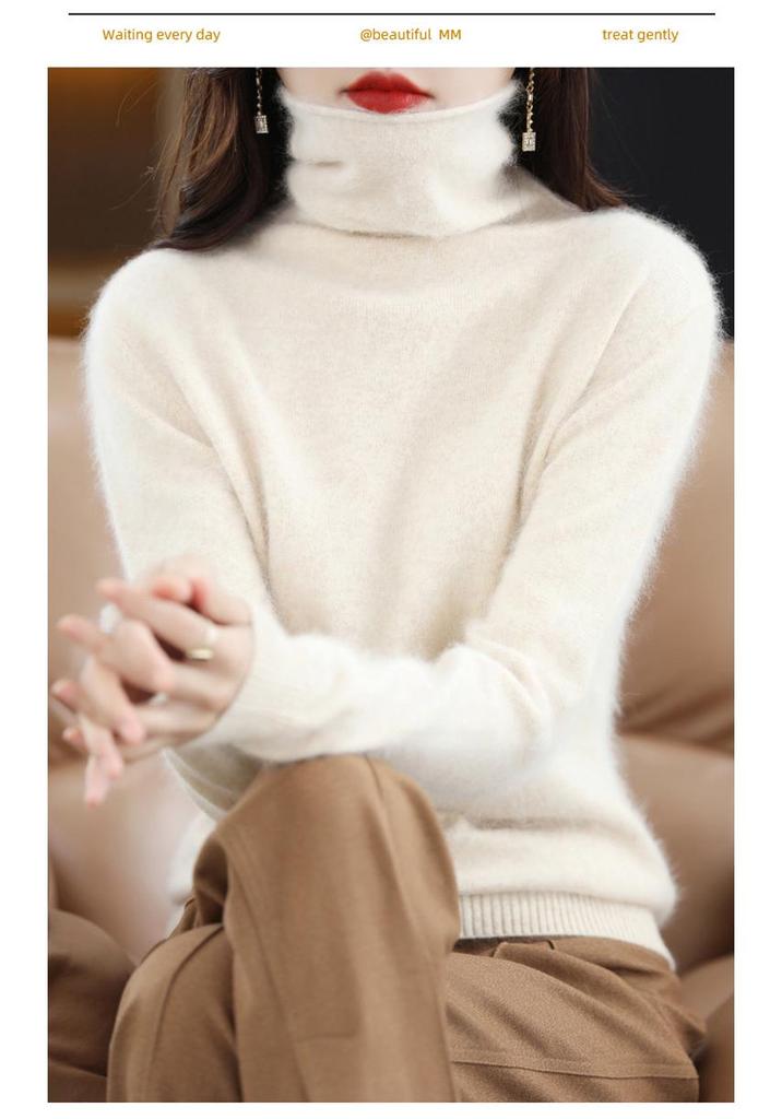 Women's Cashmere High Neck Sweater, Loose Fit, Short Mink Velvet Knit, Base Layer Wool Pullover for Autumn and Winter.