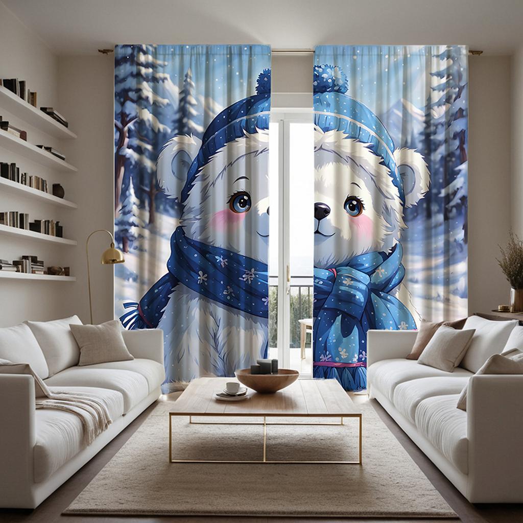 2pcs set HD cute winter bear decorative curtain Blue tie digital printed curtain Home decoration style decoration living room