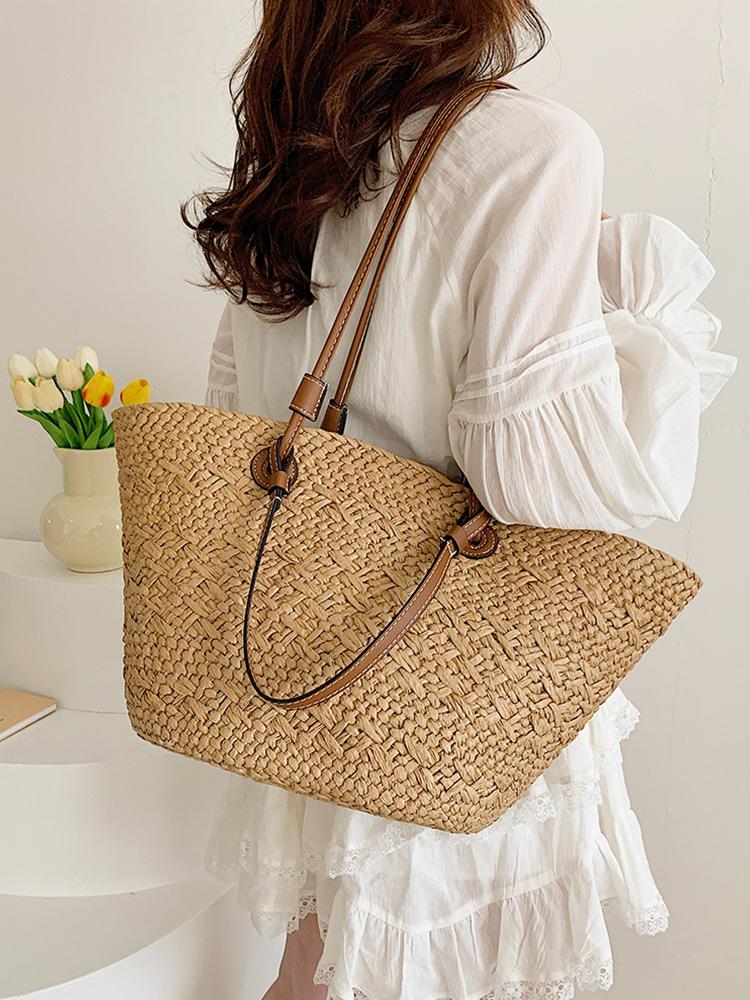 Bolsa de Palha Tecida Feminina Bolsas de Praia de Verão Grande Capacidade Bolsa Trançada da Moda Bolsa de Tecelagem Estilosa Bolsas Tote Clutch para Festa Férias