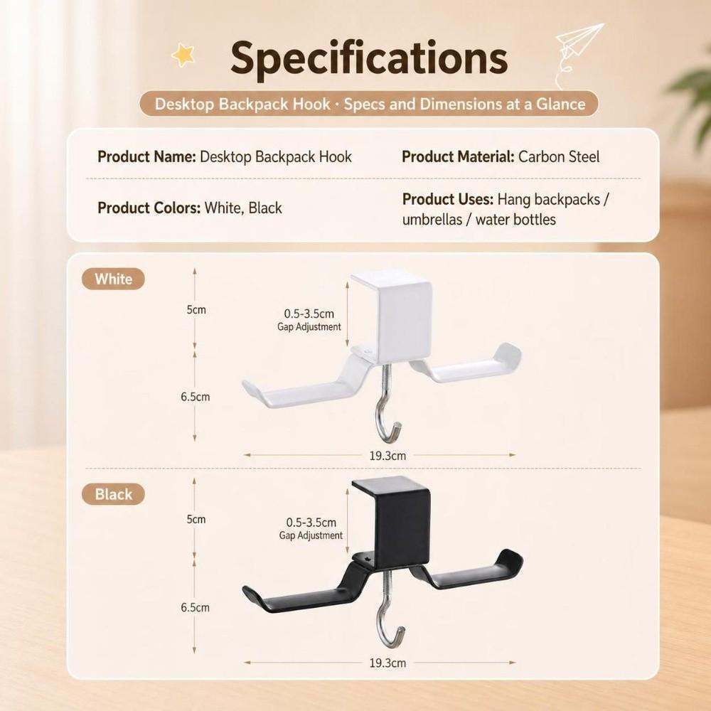 1Pc No Drill Desk Side Hanger Dual Hook Backpack Hanger Portable School Bag Hook  Dormitory