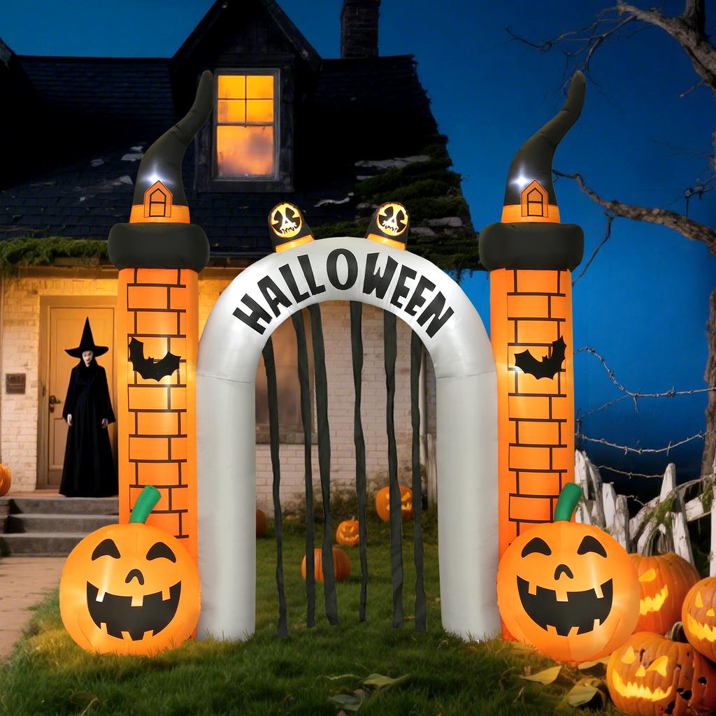 Nafukovací Halloweenový oblouk, Design dýně, LED diody, Kolíky, Polyester