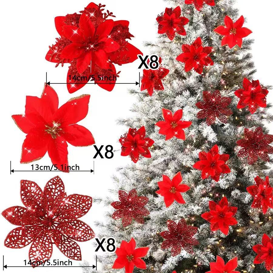 6-24 Stück 15cm Künstliche Weihnachtsblumen mit Clips Stielen, Weihnachtsbaumschmuck Glitzerblume für Girlande Neujahrsparty Dekoration
