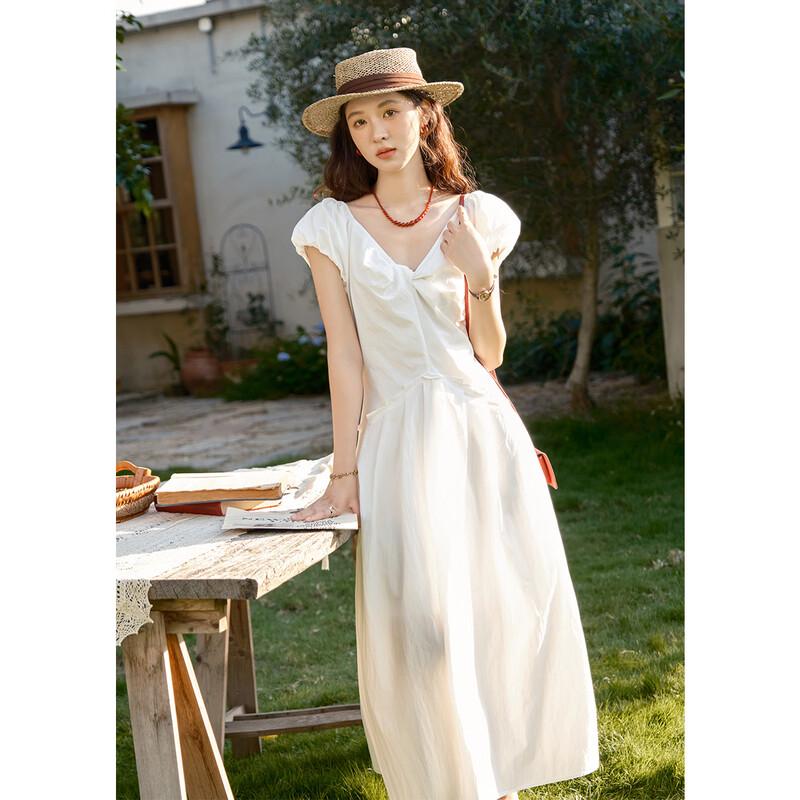 French V-Neck Puff Sleeve Midi Dress L