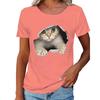 2024 Spring/Summer Women's Crew Neck Ripped Cat Graphic Loose Short Sleeve T-shirt.