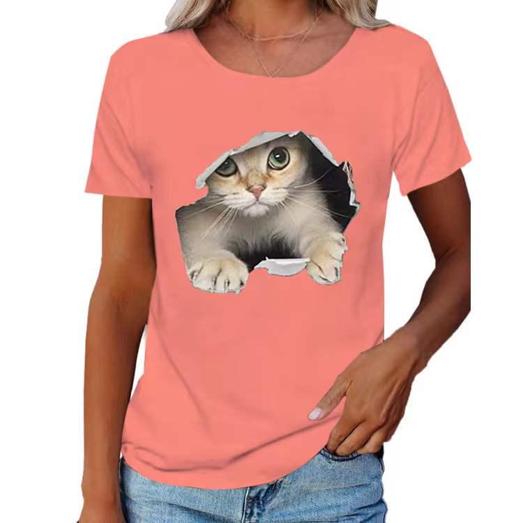 2024 Spring/Summer Women's Crew Neck Ripped Cat Graphic Loose Short Sleeve T-shirt.