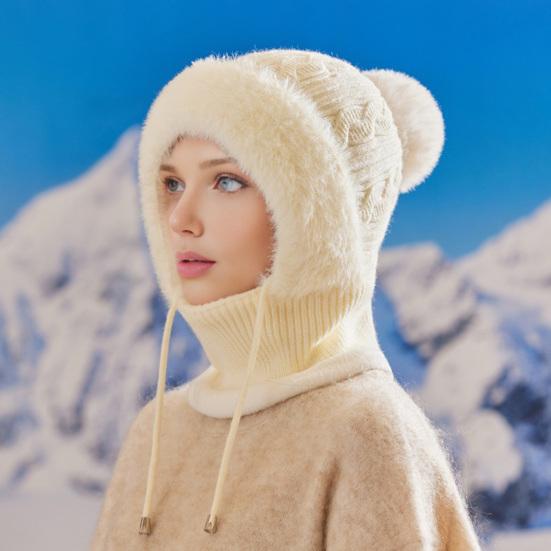 Knitting Hat Women Windproof Insulated Design Winter Hat with Plush Ball 3-in-1 Thickened Hat Face Guard Scarf