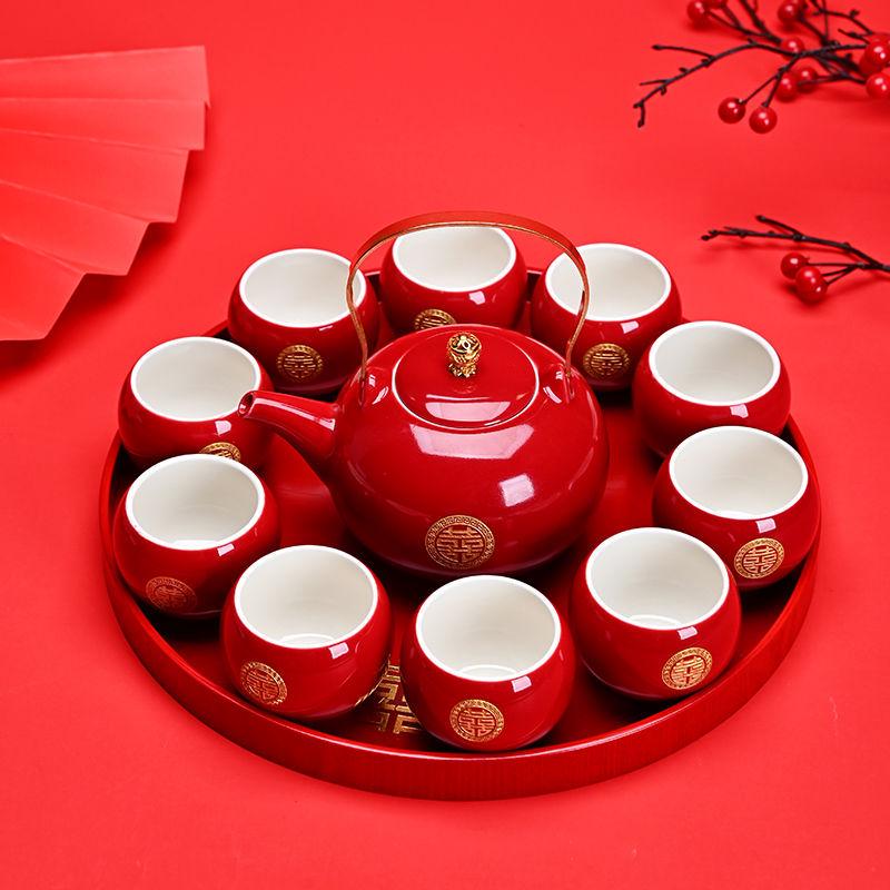 Red Chinese Wedding Tea Set: Complete Gift with Bride's Dowry Tray & Teapot