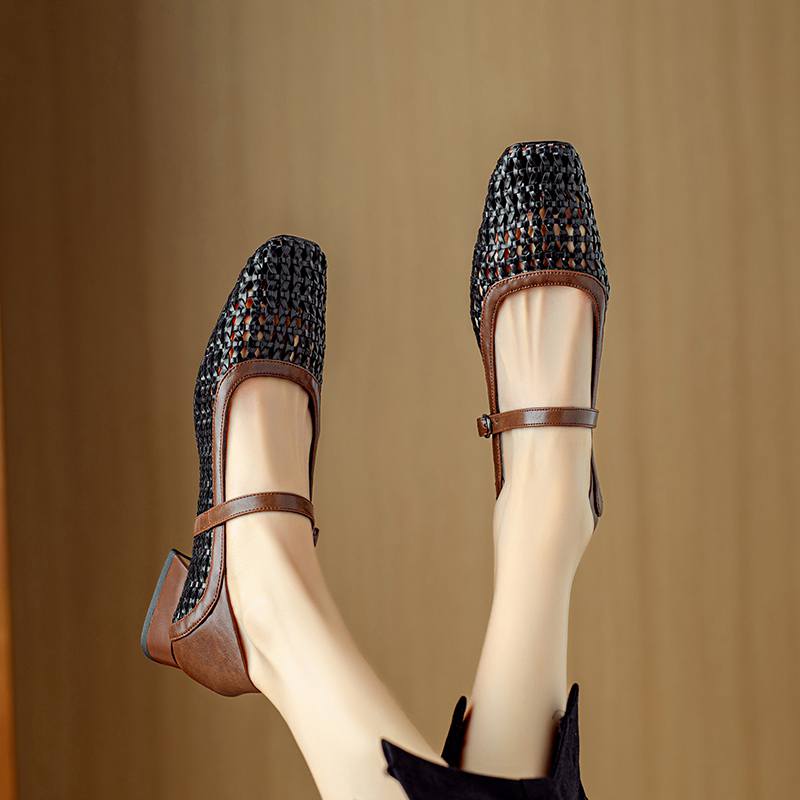 Krazing Pot Cow Skin Weaving Summer Size 41 Low Heels Party Shoes Women Square Toe Gladiator Hollow Out Pumps