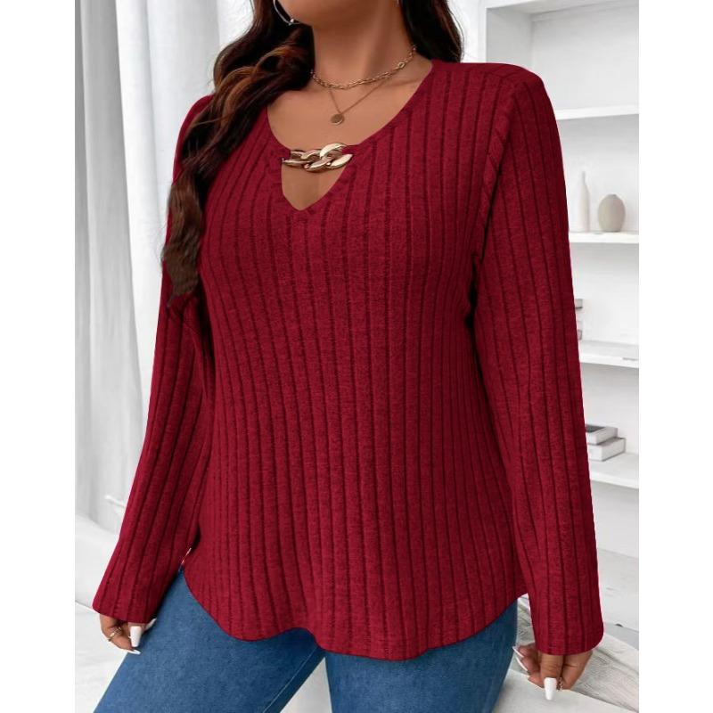 Women's Fashion Plus Size Casual Fall Winter Solid Color Print Long Sleeve V-Neck Pullovers & Long Sleeves