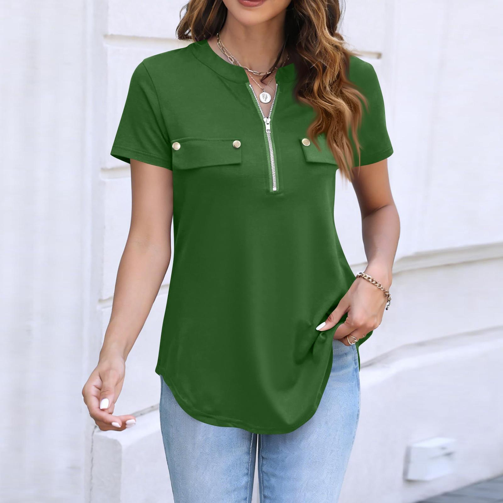 Women s Casual Short Sleeve Top with Fashion Collar Zipper Front and Decorative Faux Pockets Lightweight Breathable Shirt L