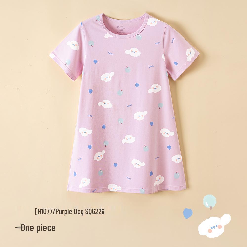 Girls' Antibacterial Cotton Cartoon Pajamas - Short Sleeve Summer Nightgown