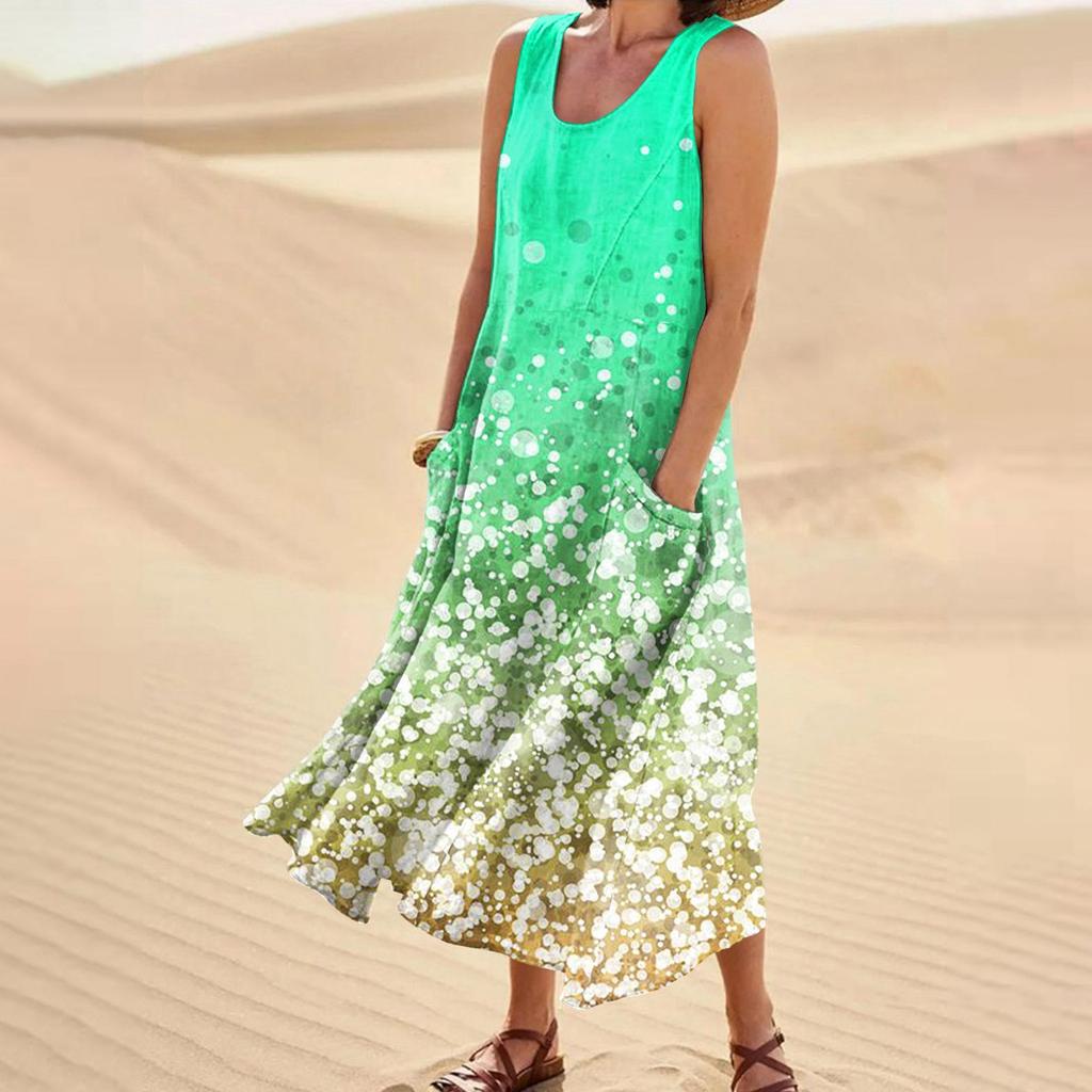 Women's Summer Loose Round Neck Printed Sleeveless Large Swing Dress With Pockets