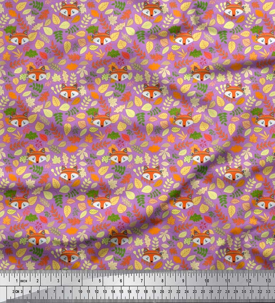 Soimoi Japan Crepe Satin Fabric Leaves & Fox Face Cartoon Printed Craft Fabric by the Metre 42 Inch