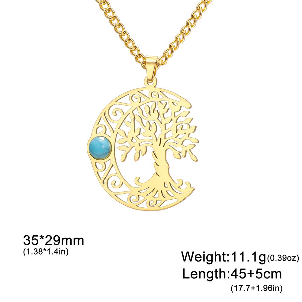 Dawapara Vintage Turquoise Crescent Moon Tree of Life Necklace Filigree Celtics Moon Wiccan Pendant Stainless Steel Jewelry