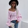 Autumn and winter pullover striped women's knitted sweater V-neck women's clothing plus size sweater women's clothing