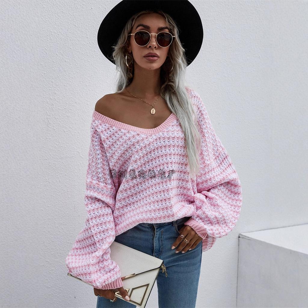 Autumn and winter pullover striped women's knitted sweater V-neck women's clothing plus size sweater women's clothing