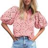Women Tops V-Neck Puff Short Sleeves Hollow Out Crochet Shirt Solid Color Loose Fit Blouse Outdoor Leisure Wear