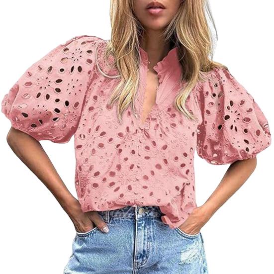 Women Tops V-Neck Puff Short Sleeves Hollow Out Crochet Shirt Solid Color Loose Fit Blouse Outdoor Leisure Wear