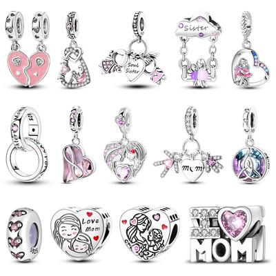 Copper Heart Love Mother Charms Family Sister Beads Fit Original Bracelet Pendants Diy Jewelry Gift For Women