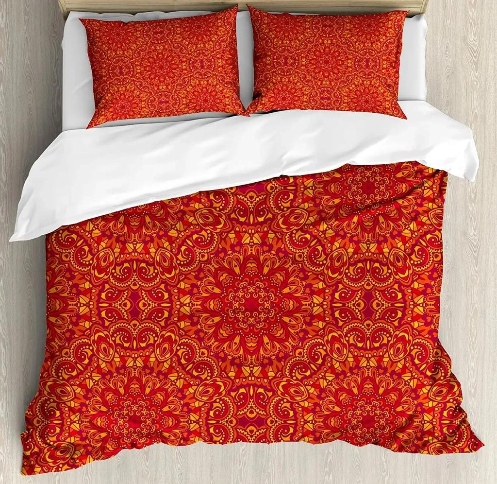 South Mandala Floral Bedding Set Vibrant Color Ornamental Illustration Duvet Cover Set Bohemian Mandala Lotus Design Quilt Cover