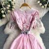 Embroidery Formal Luxury Evening Midi Dress Women Summer Beaded Peter Pan Collar Crochet Flower Hollow Out Short Sleeve Midi Dresses